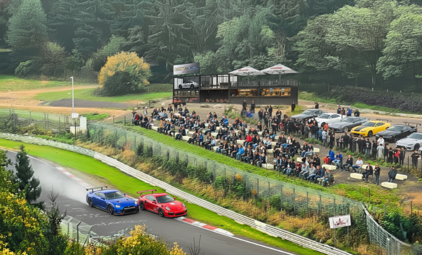 Futuristische Eisko Gastronomie-Containeranlage am Brünnchen Nürburgring mit Dachterrasse, frischen Pommes und holländischen Snacks